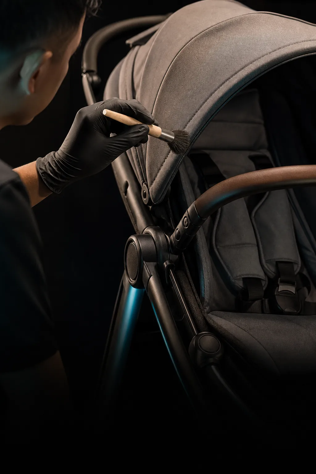 A specialist detailing the fabric seam of a baby stroller with a soft brush