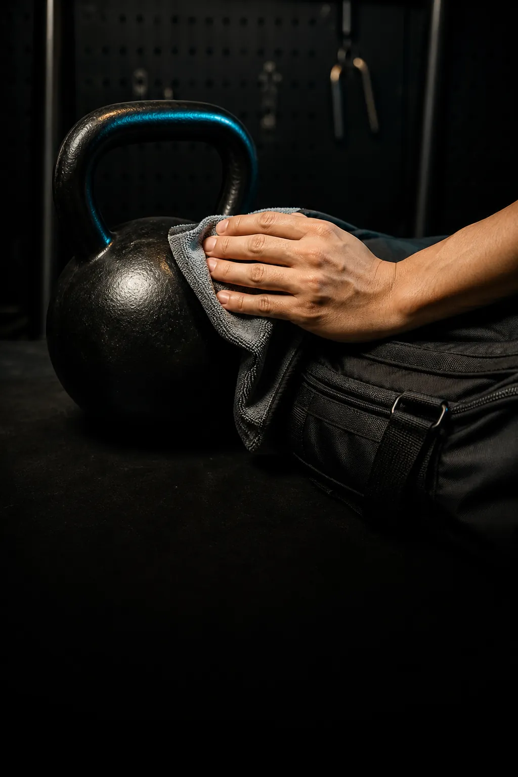 A specialist wiping a kettlebell beside a padded gym bag
